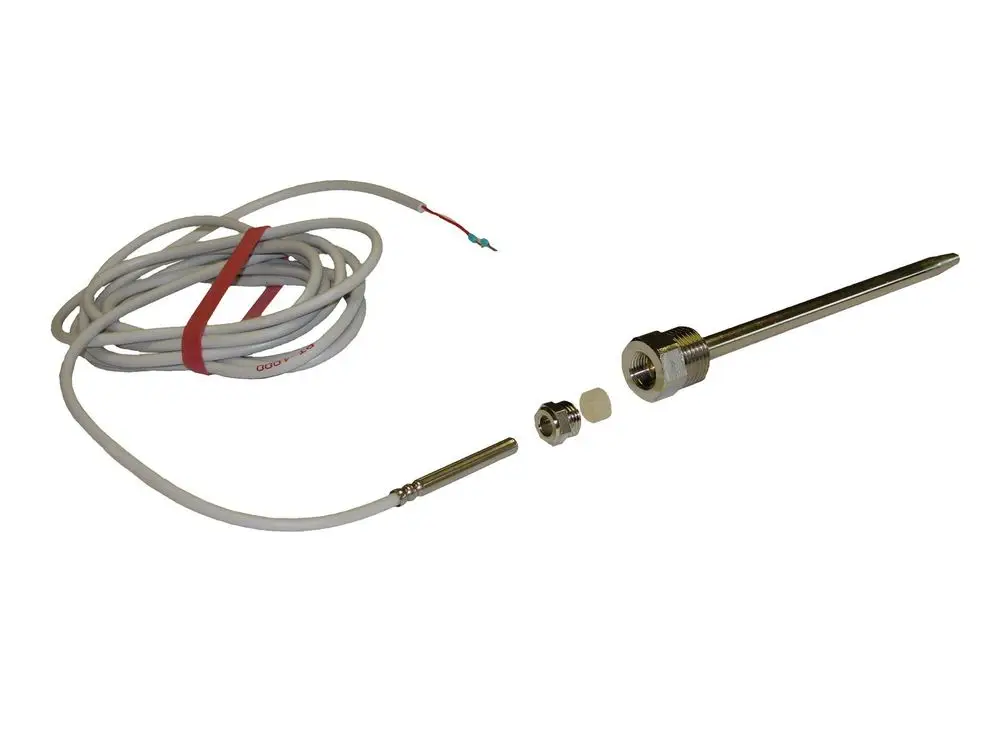 Temperatursensor von Remeha, bestehend aus einem Fühler mit länglichem Metallstift, Kabel und Anschlussstücken, geeignet zur Temperaturmessung in verschiedenen Anwendungen.